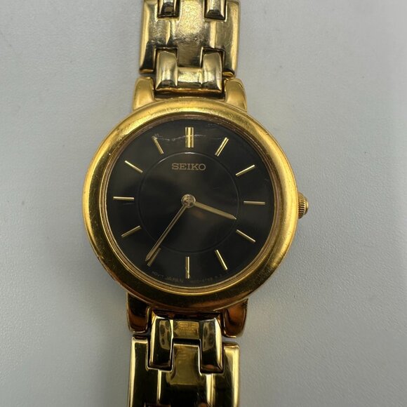 Seiko Watch Women Gold Tone Black Dial Bracelet Band New Battery 6.25 Inch - Picture 1 of 13